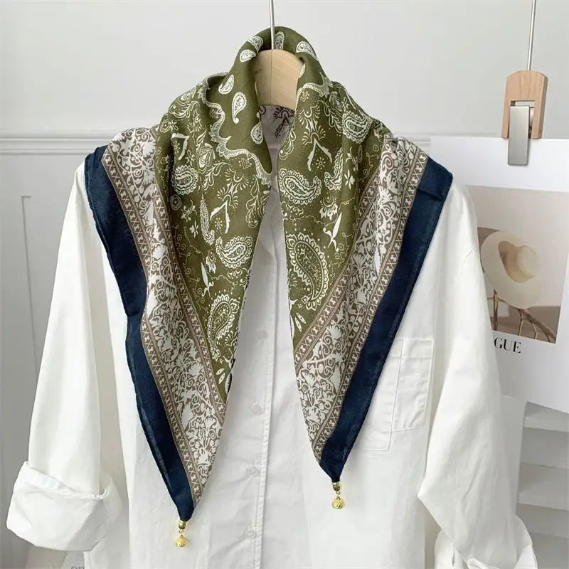 70*70 Square Scarf Retro Print Silk Scarf With Magnetic Buckle Women Neck Scarf All-match Shawl Fashion Headscarf Accessory Gift Oasis Select A35