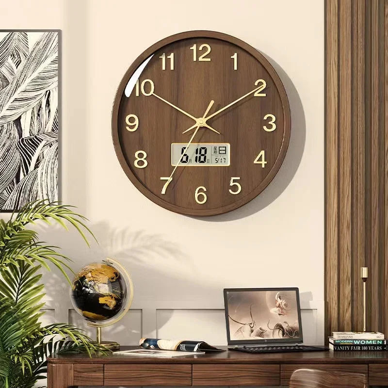 New Chinese Solid Wood Wall Clock Living Room Household Quartz Clock with Calendar Atmospheric Decorative Clock Oasis Select