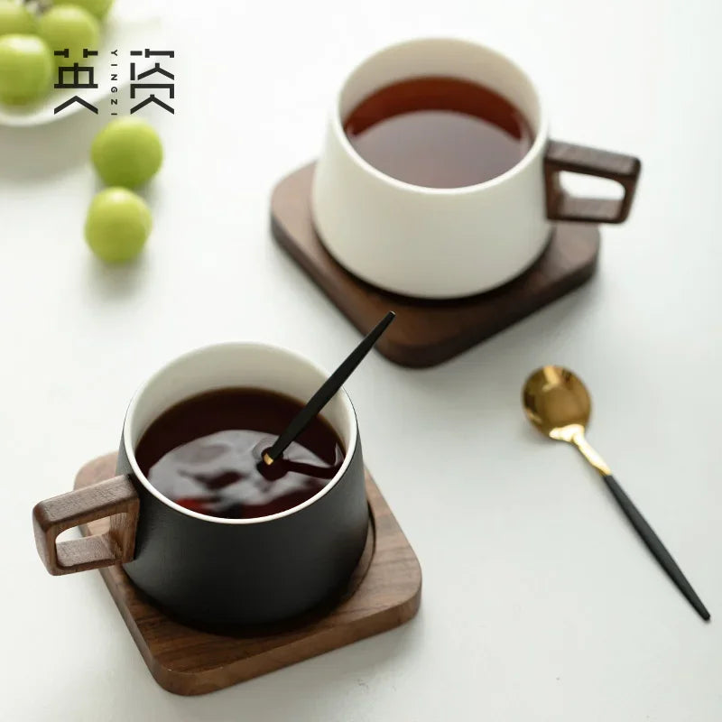 Coffee Cup Solid Wood Coaster Set Ceramic High-grade Exquisite Household Drinking Mug Milk Cup Oasis Select
