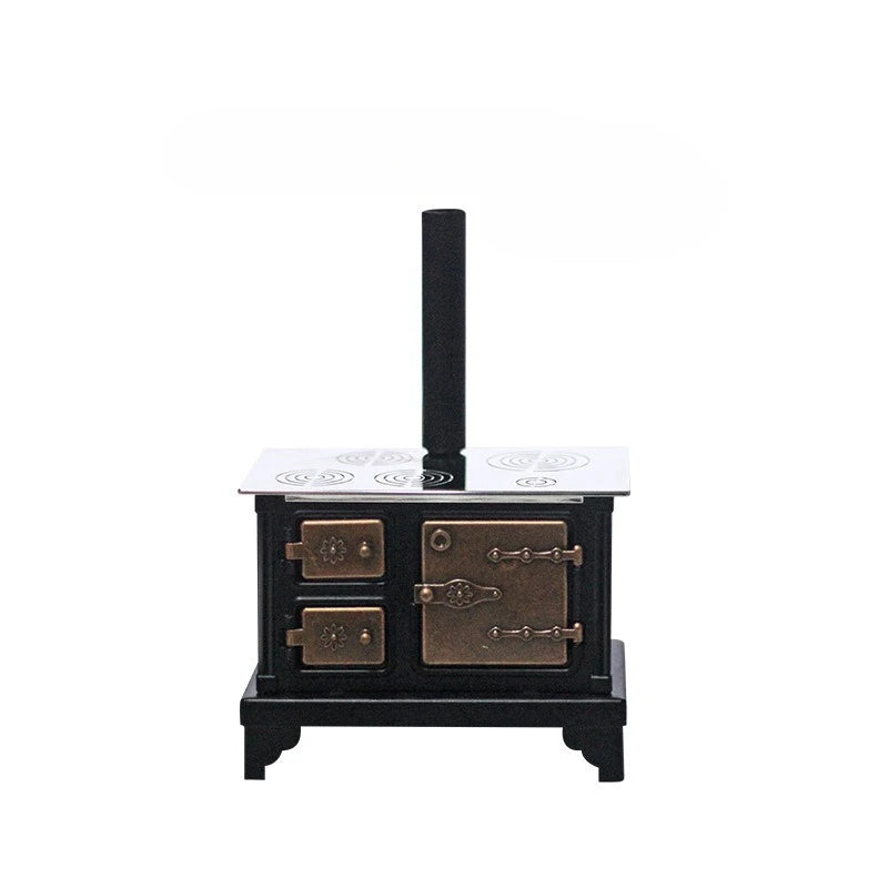 Vintage Cast Iron–Style Stove with Long Chimney – 1:12 Miniature Range for Dollhouse, Fairy Garden & Micro Landscapes, Alloy Oasis Select BlackColor