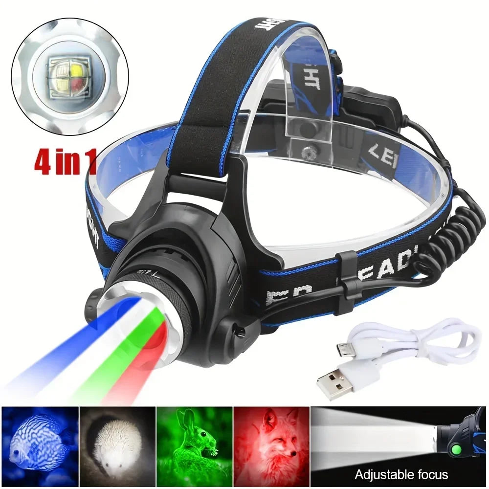 Powerful 4 In 1 LED Headlamp Red/Green/White/Blue Light Rechargeable Zoomable Headlight Head Flashlight with Adjustable Beam Oasis Select