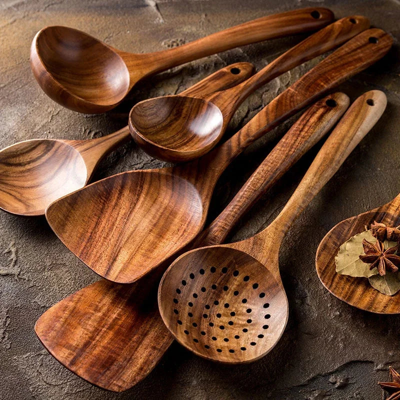 7pcs/set Teak Natural Wood Tableware Spoon Ladle Turner Rice Colander Soup Skimmer Cooking Spoon Scoop Kitchen Reusable Tool Kit Oasis Select