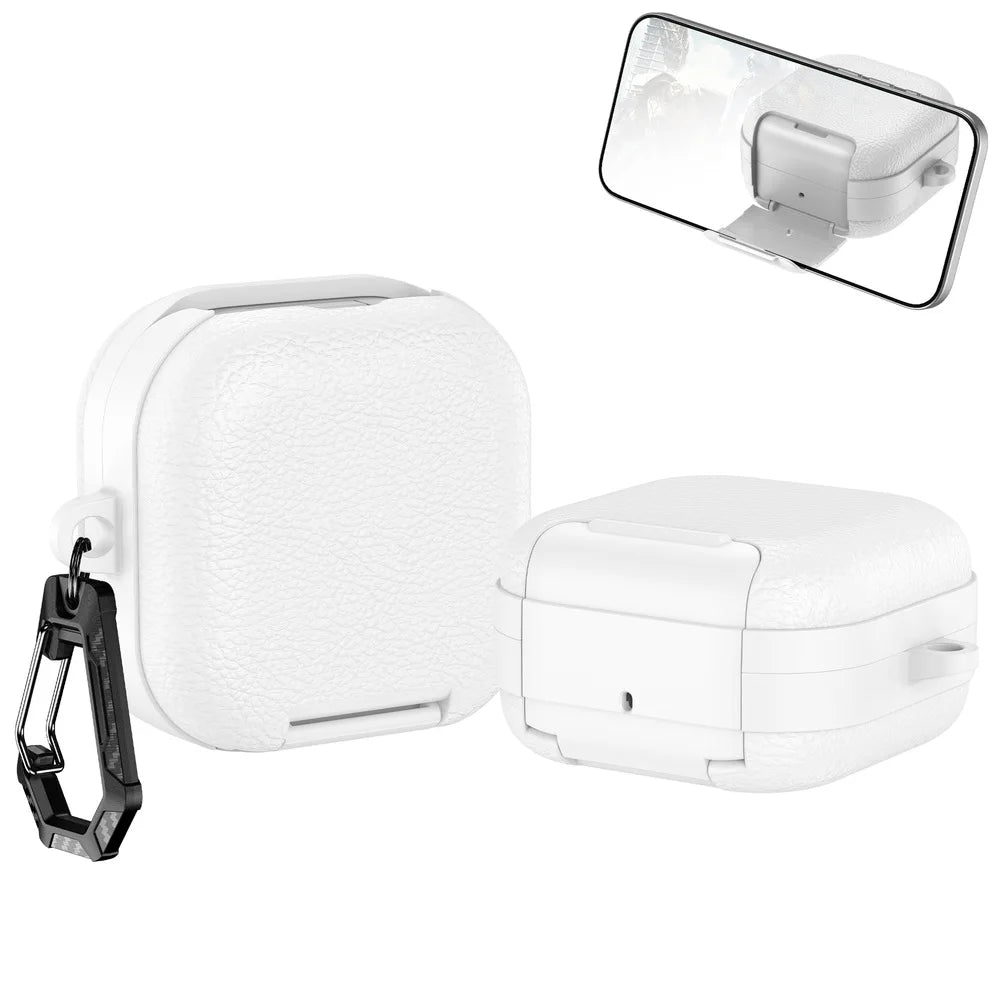 Shock Absorbing Protective Cover with Secure Lock and Adjustable Phone Stand Compatible with For Samsung Buds 4 and 4 Pro Oasis Select White