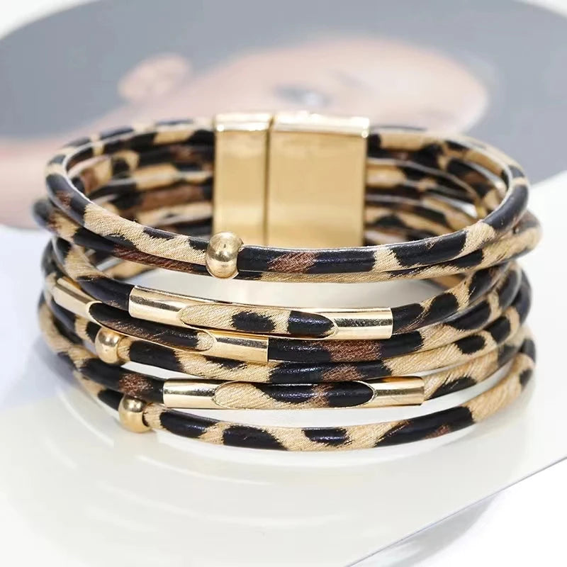 Vintage Metal Tube Leopard Leather Bracelet For Women Men Boho Multilayer Wrap Wide Bracelet Charm Jewelry Oasis Select