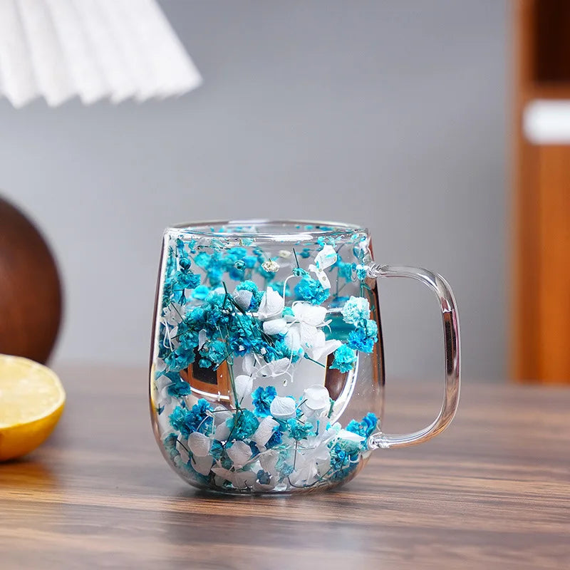 250ml Double-Walled Glass Cup with Handle High Borosilicate Reusable Coffee Mug, Built-In Floral Design for Hot & Cold Beverages Oasis Select Blue 250ml