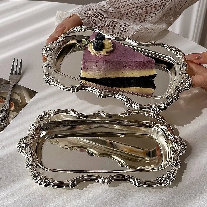 European Vintage Embossed Decorative Tray, Elegant Silver Serving Platter, for Dessert Display, Jewelry Storage & Tabletop Decor Oasis Select