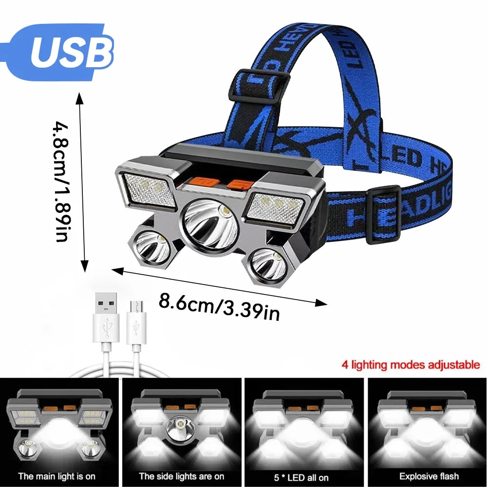 Rechargeable 5 LED Headlamp – Camping, Fishing & Travel