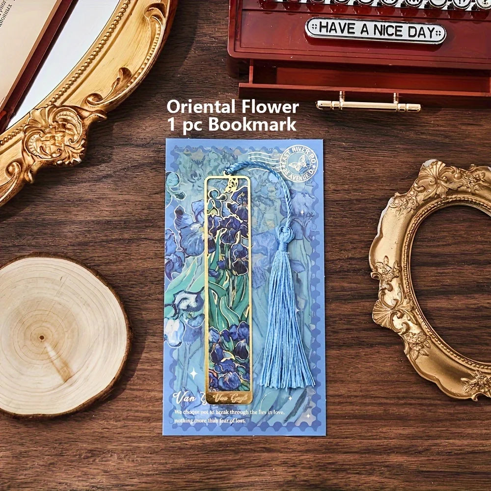 Vintage Oil Painting Metal Bookmarks - Hollow Hot Stamping Long Tassel Bookmarks - Stationery Gifts for Book Clubs, Book Lovers, Oasis Select Oriental Flower