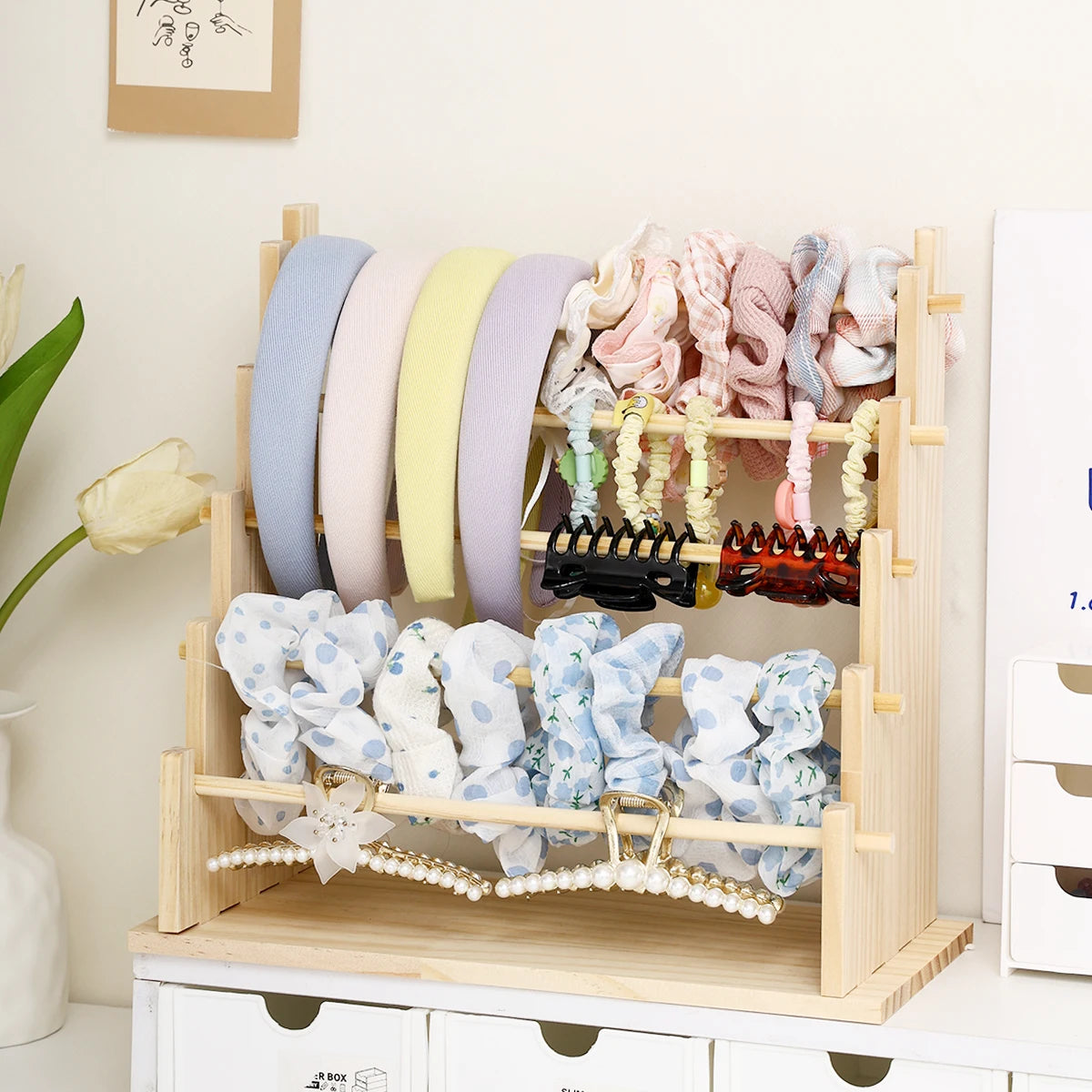 1pc Solid Wood 2-Layer/3-layer/4-Layer/5-Layer Hair Accessories Desktop Jewelry Stand Suitable for Hair Rope and Hoop Organizer Oasis Select