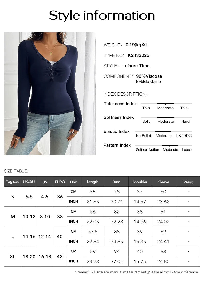 Women's Blue V-Neck Knit Slim Fit Long Sleeve Pullover Top