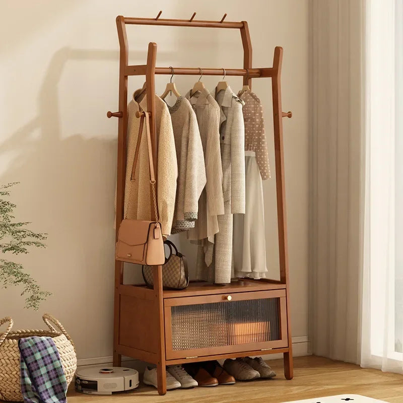 Multi-functional Bedroom coat hanger, floor-standing household mobile wheeled coat rack, retro indoor multi-functional coat rack Oasis Select