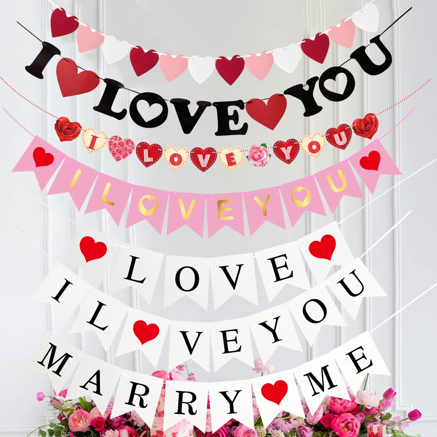 Valentine Hanging Banner Garland Bunting Red Love Heart Paper Banner Door Hanging Ornament Wedding Birthday Party Decoration Oasis Select