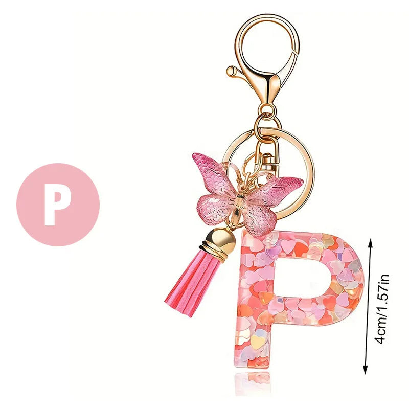 1pc Pink Glitter Letter Keychain with Heart Butterfly Tassel Crystal Resin Charm Fashion Accessory Gift for Women & Girls Oasis Select P