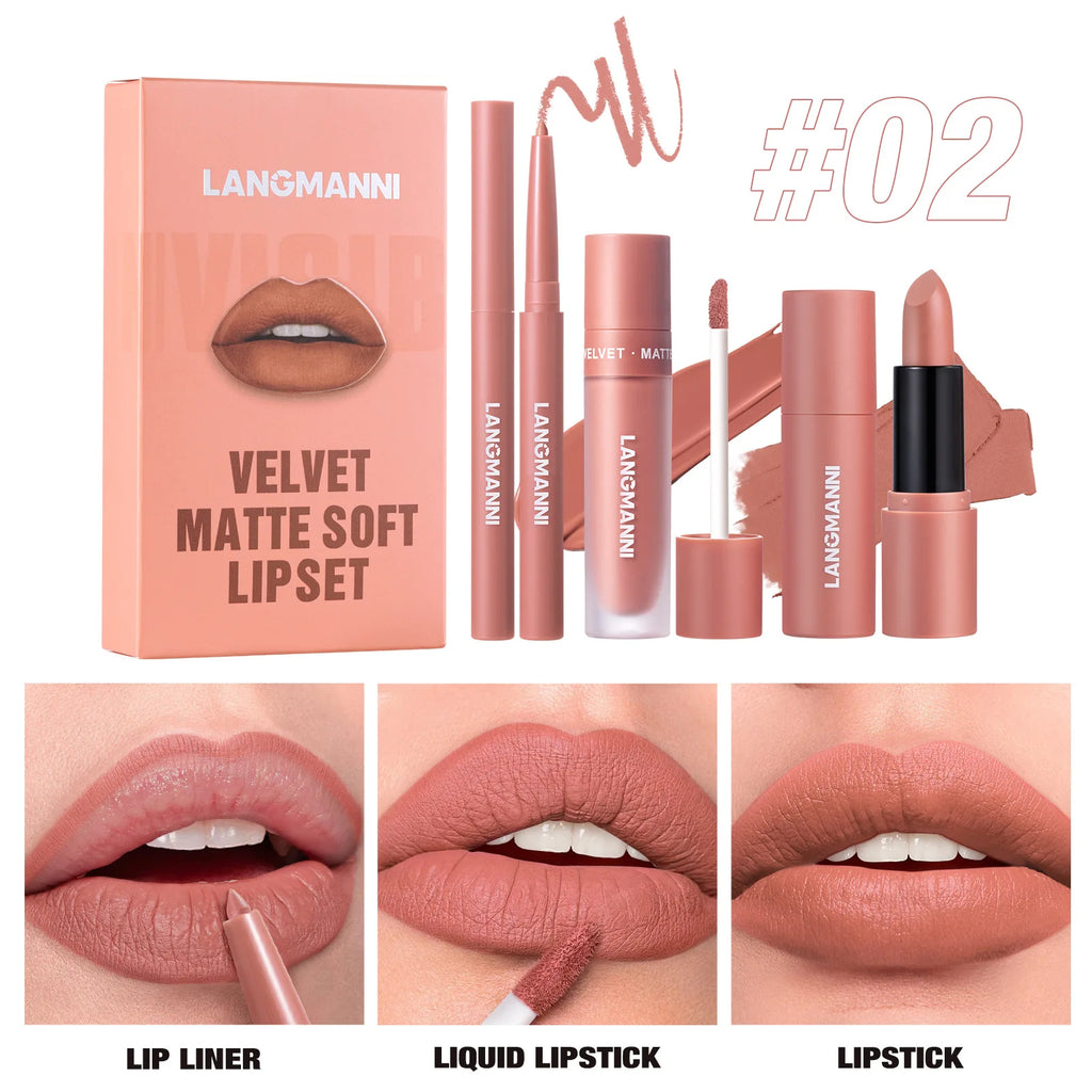 LANGMANNI 3-Piece Matte Lip Kit – Liquid Lipstick & Lipliner