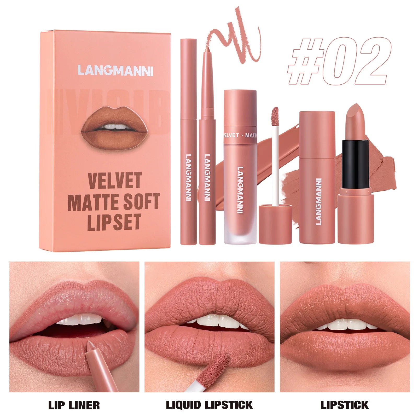 LANGMANNI 3-Piece Matte Lip Kit – Liquid Lipstick & Lipliner