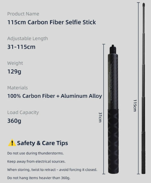 115cm Carbon Fiber Invisible Selfie Stick | Insta360 X5/X4/X3 & GoPro Camera Extension Pole Oasis Select