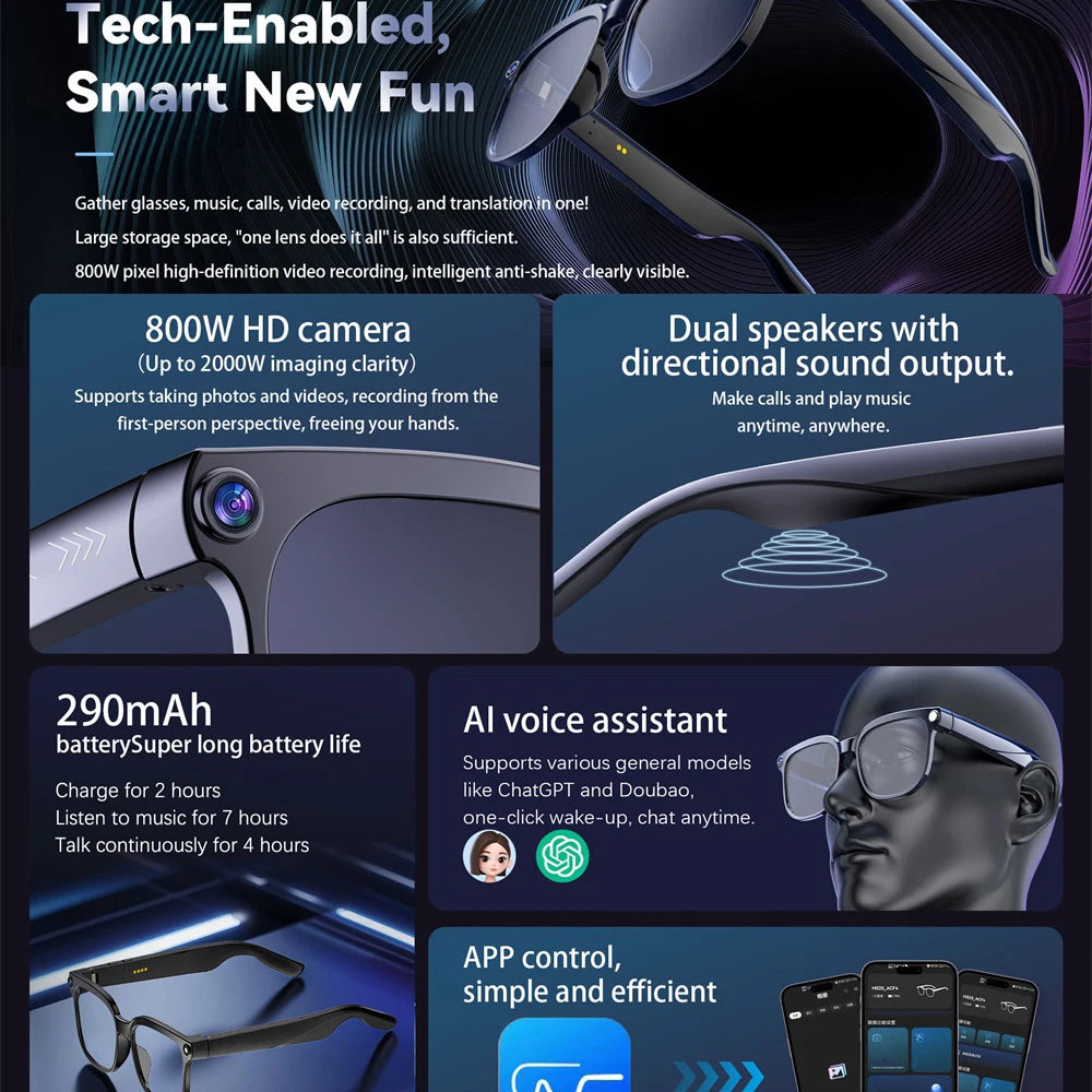 AI Smart Glasses 8 Million Camera Bluetooth Sunglasses Shoot Audio Call Video Music Player Multifunctional Smart Glasses Men Oasis Select