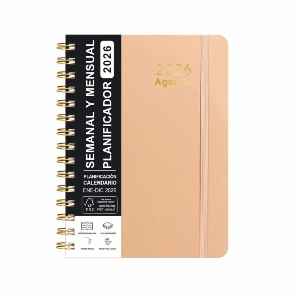 Spanish Planner A5 Notebook 2026 Self-Tracking Diary Planning Book Coil Calendar Essential Daily Organizer Multi Functional Oasis Select Pink