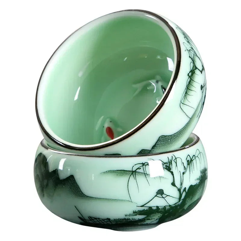 Tea Cup Ceramic 1PC Celadon Hand-painted Landscape Lotus Carp Tea Bowl Chinese Style Host Mountains and Waters Oasis Select