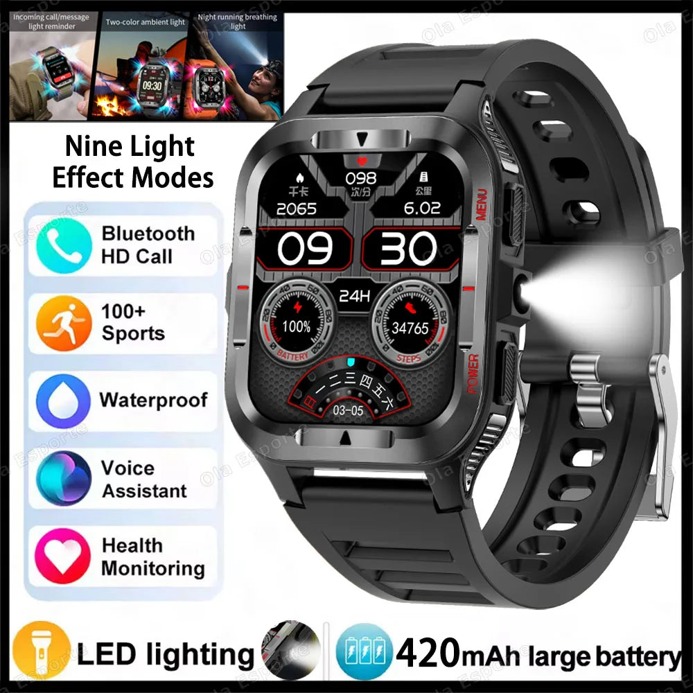 Ola Esporte Military Smart Watch 1.83" AMOLED LED Flashlight