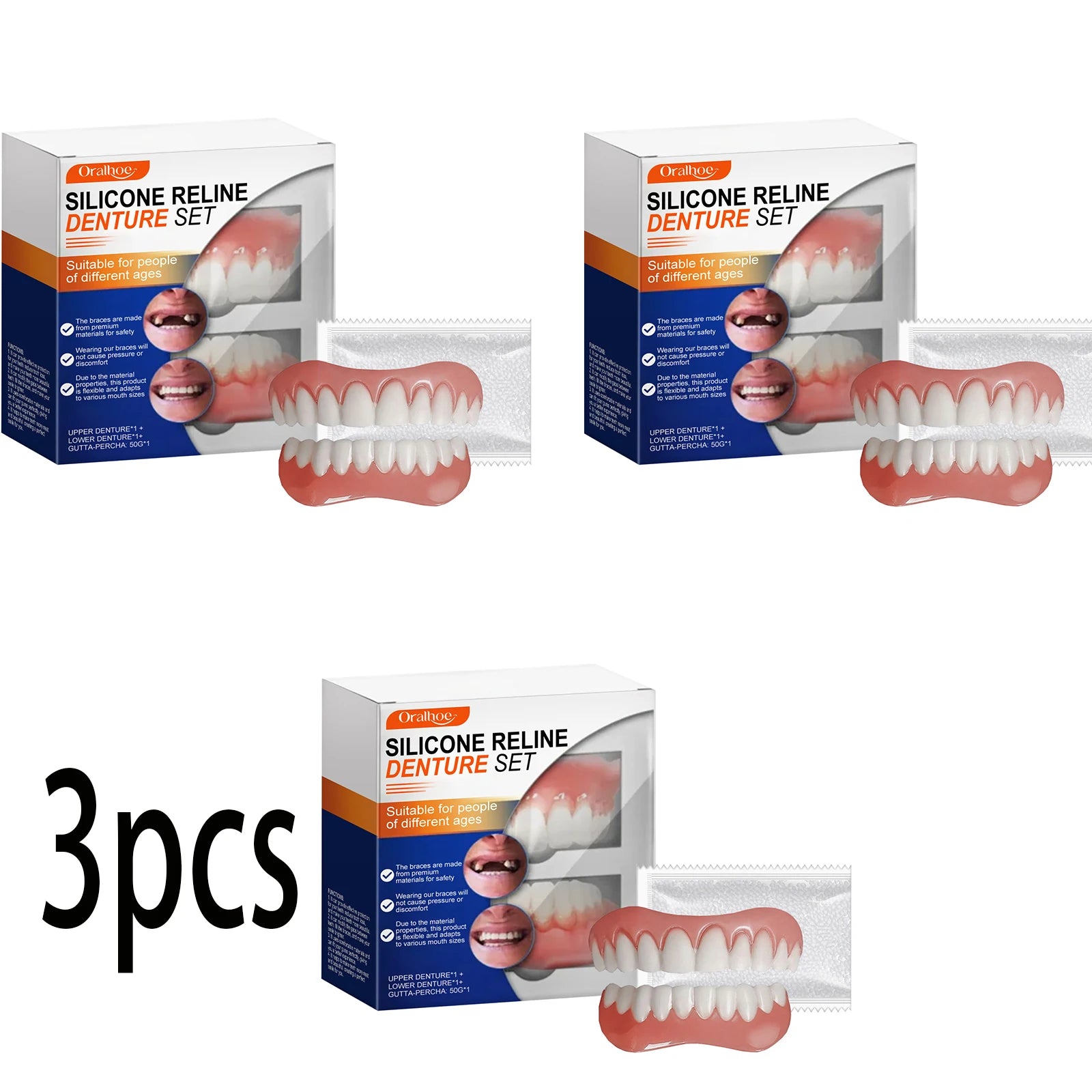 Silicone Denture Set Temporary Orthodontic Simulation Dental Braces Retainer Fake Tooth Straightener Alignment Oral Hygiene Care Oasis Select 3set boxed