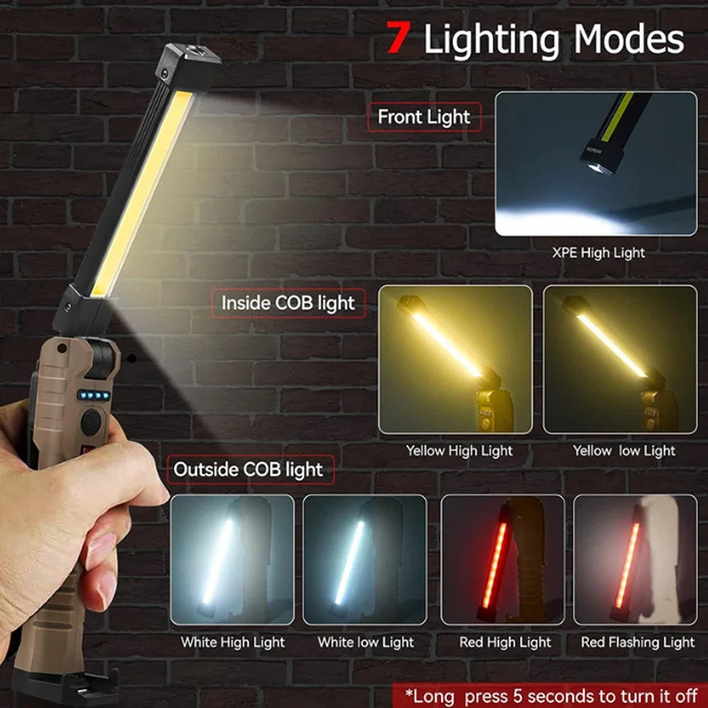 Folding COB XPE LED Work Light Flashlight USB Rechargeable Torch Magnetic Base & Hook, Emergency Car Inspection Lamp Red SOS Oasis Select