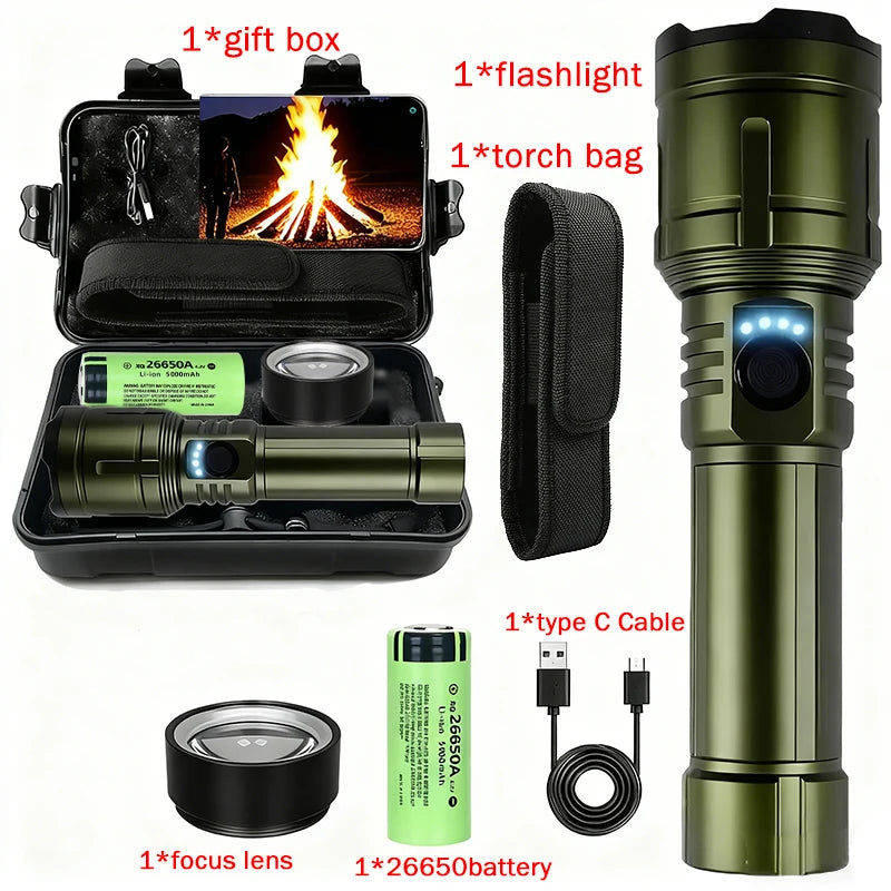 Powerful Flashlight Concentrating Ignition Flashlights Waterproof Type C Rechargeable Lamp Outdoor Camping Adventure Torch Oasis Select Set A
