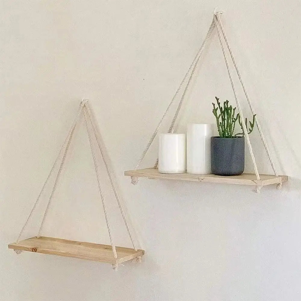 Wooden Hanging Shelf Hemp Rope | Wall Mounted Plant & Décor Tray