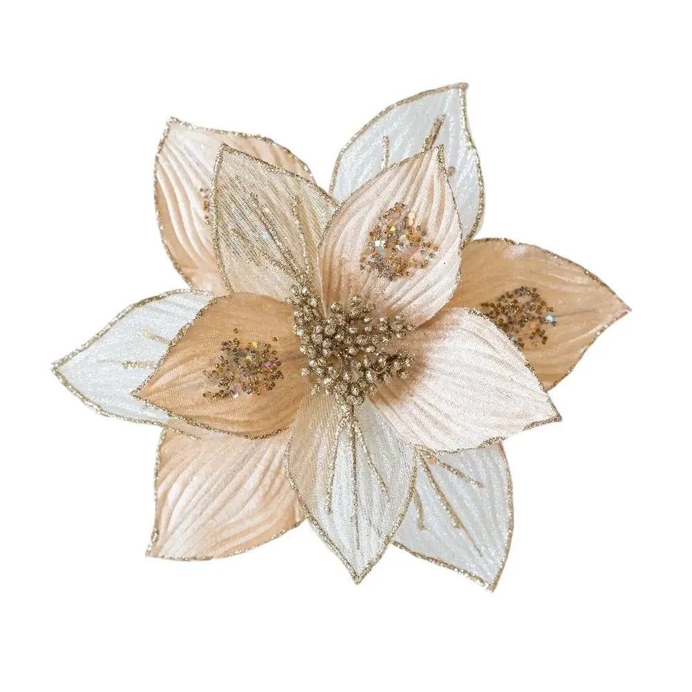 Christmas Tree Artificial Glitter Magnolia Flowers Flexible Stems Polyester Flowers Wreaths Garlands Home Party Decor 24cm Oasis Select Light gold China Mainland
