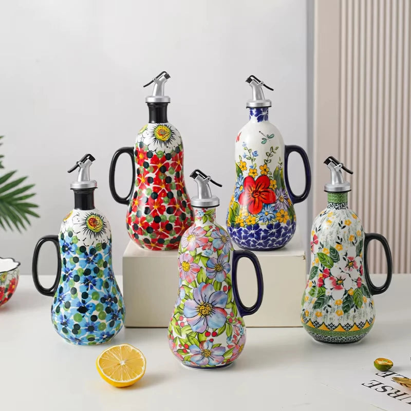 Flowers Plants Ceramic Olive Oil Bottle Soy Sauce Vinegar Multifunctional Kitchen Seasoning Drainage Bottle Kitchen Accessories Oasis Select
