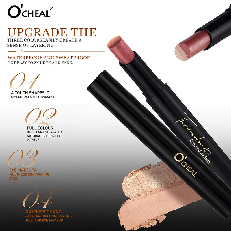 O'CHEAL Three Color Eye Shadow Stick Gradient Delicate Waterproof Long-Lasting Eye Shadow Pen Beauty Shiny Glitter Eye Shadow Oasis Select