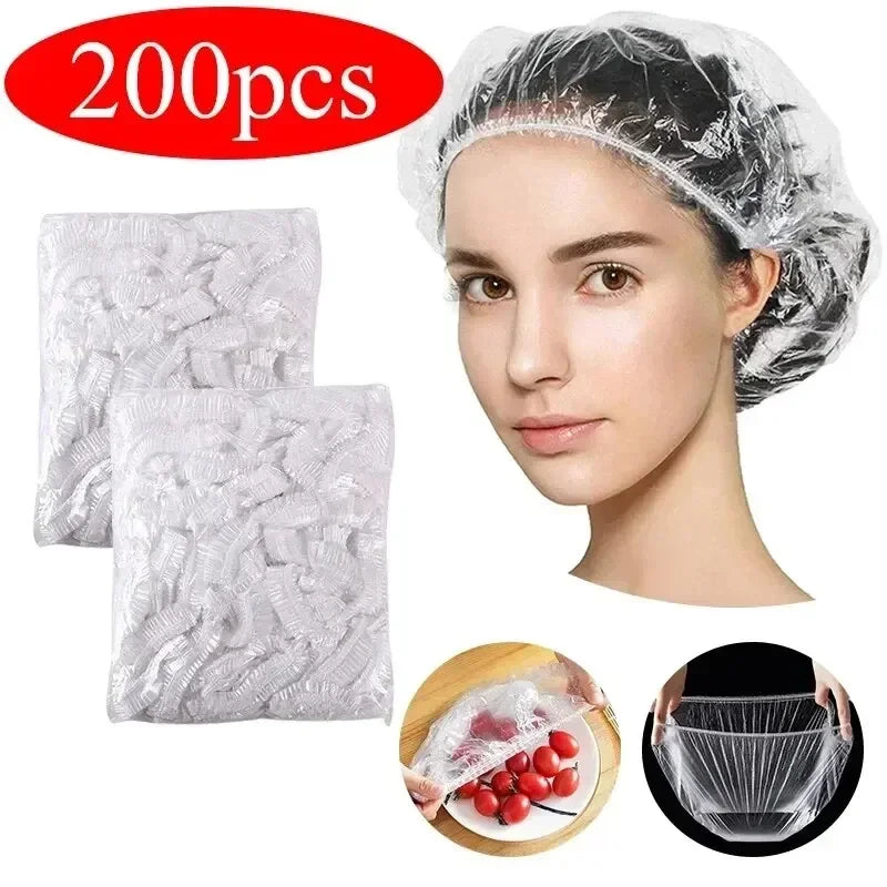 100/200pc Reusable Stretch Lids for Food Preservation + Disposable Shower Caps - Ideal for Kitchen Storage and Shower Prote Oasis Select 200pcs