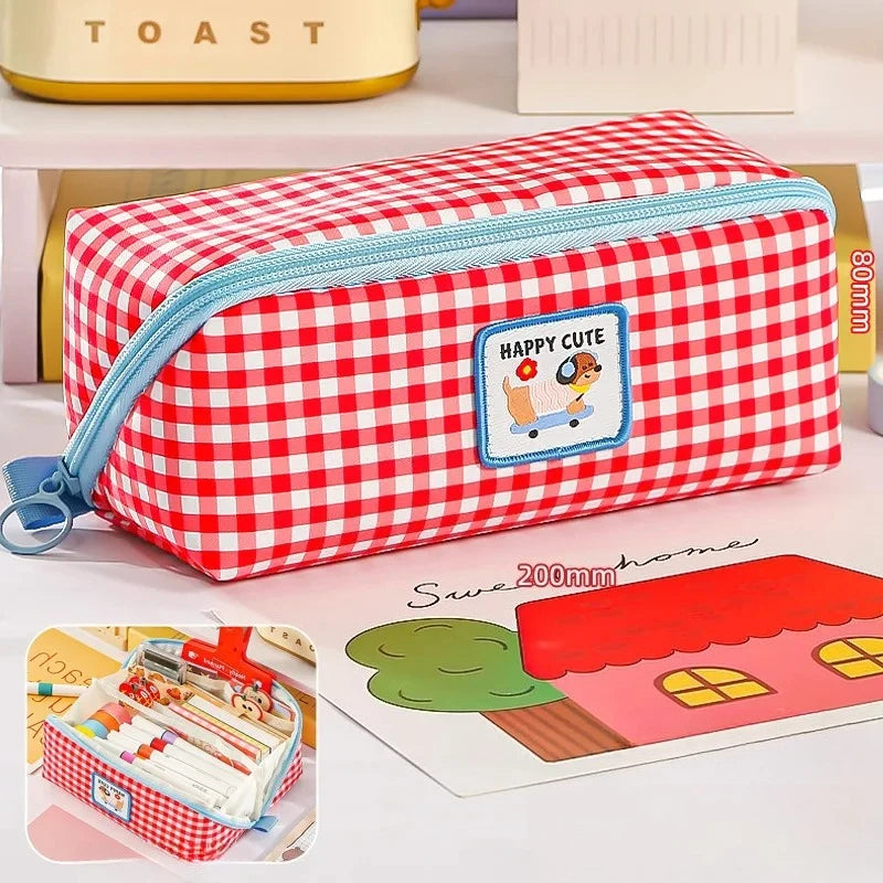 1PCs Cartoon Checkered Large Capacity Pencil Case Student School Desktop Storage Stationery Multi Layer Pen Bag Oasis Select Red