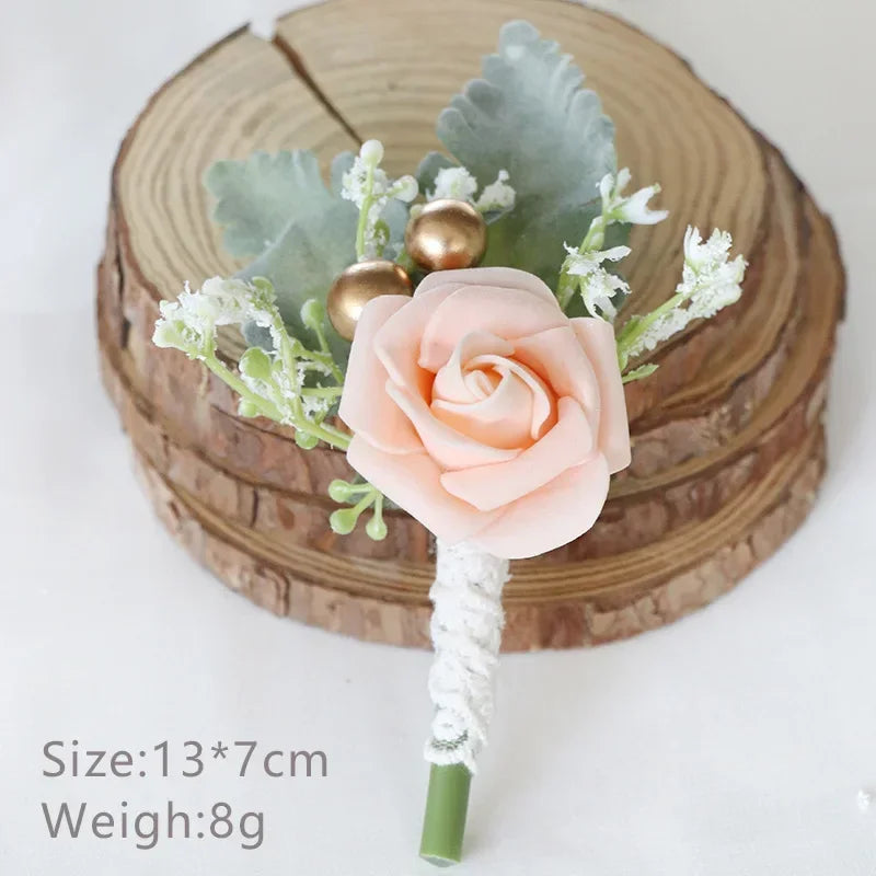 Boutonnieres Flowers Artificial White Roses Silk Ivory Corsage Buttonhole Groomsmen Boutonniere for Men Wedding Accessories Oasis Select Champagne