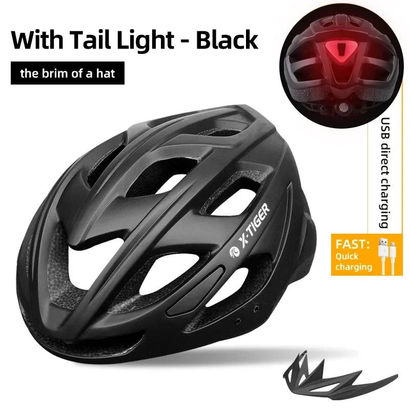 X-TIGER Cycling Helmet LED Tail Light Breathable One-piece Mountain Road Sports Bicycle Helmet Rechargeable with Brim Design Oasis Select Black