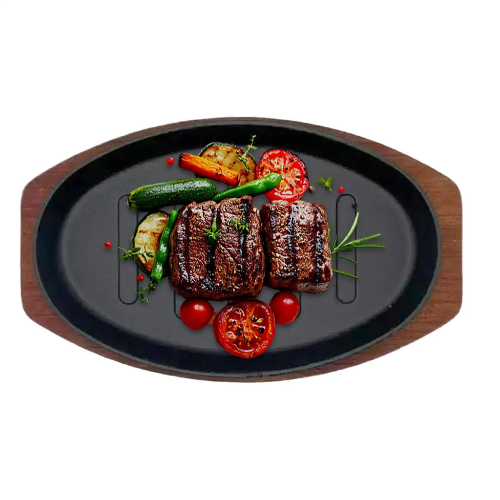 Cast Iron Oval Shape Restaurant Barbecue Plate Steak Sizzling Hot Pan Plate with Wooden Base Teppanyaki Grilled Fish Tray Oasis Select