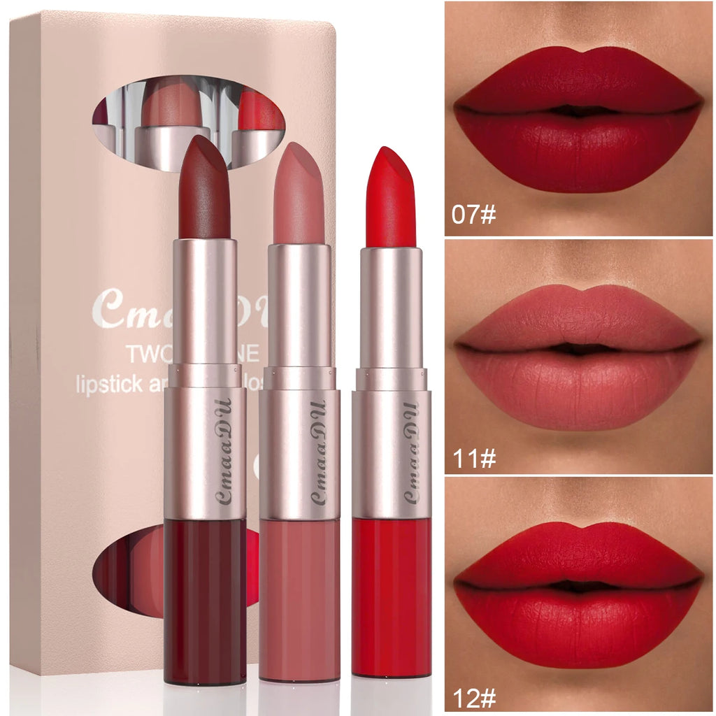 3 Pcs Long-Lasting Lipstick Lip Gloss Set-Double Headed Design for Natural Non-Fading Waterproof Non-stick Cup Exquisite Gift Oasis Select 05