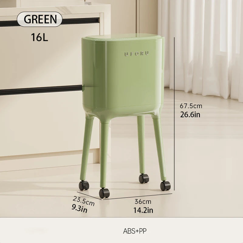 No-Bend High-Leg Trash Can with Press-to-Open Lid - Large Capacity Oval Kitchen & Living Room Bin, Durable Plastic Oasis Select green