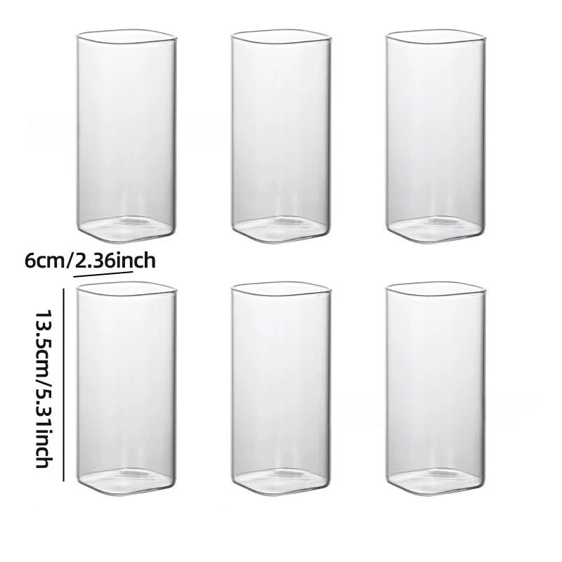 6pcs High-Temperature Resistant Transparent Square Single-Layer Glass Cup Set - Large Capacity Borosilicate Glass Party Cups Oasis Select 350ml 6Pcs