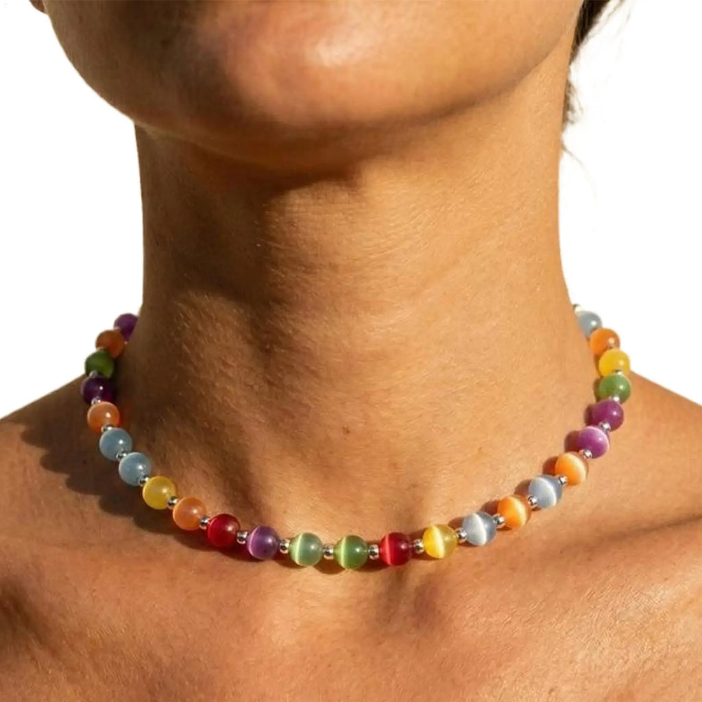 Rainbow Beaded Choker UV Reactive Stackable Necklace Bracelet Jewelry Color Shifting Beads Bracelet Necklace Neck Jewelry Oasis Select