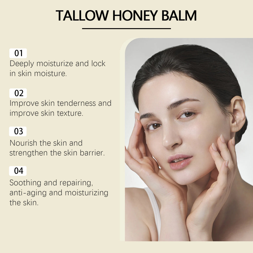 Beef Tallow Honey Balm Moisturizing Hydrating Face Cream Body Lotion Fades Fine Lines Tighten Soothen Brightening Facial Skin Oasis Select