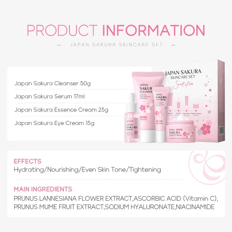 LAIKOU Japanese Sakura Hydrating Brightening 4PCS Skincare Set For All Skin Types Cleanser Serum Eye Cream Face Cream Oasis Select