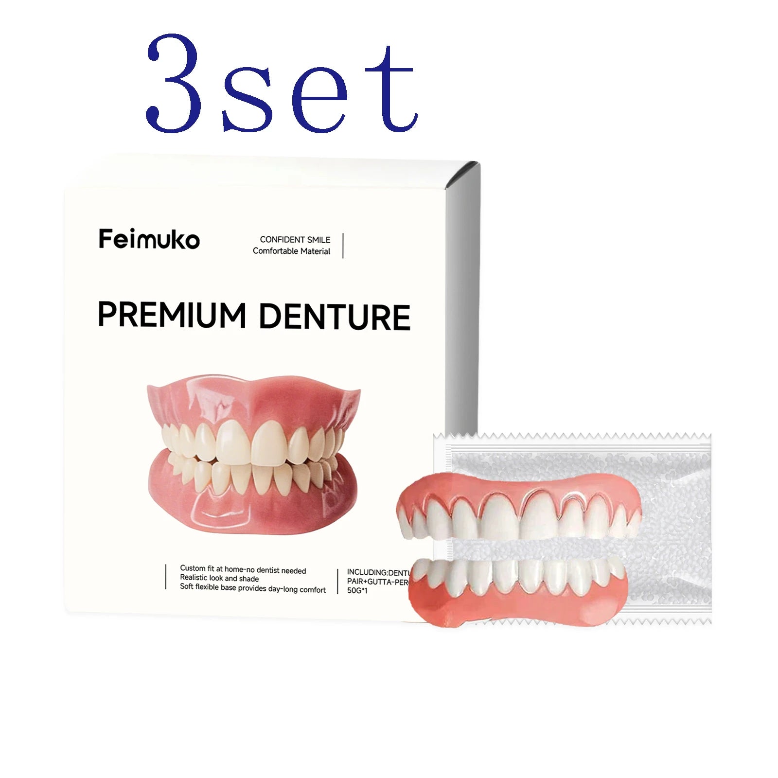 Denture Kit, Natural Teeth Cosmetic, Great Looking Comfortable Wear & Secure Fit, Easy to Adjust & Perfect for Daily Use Oasis Select 3set