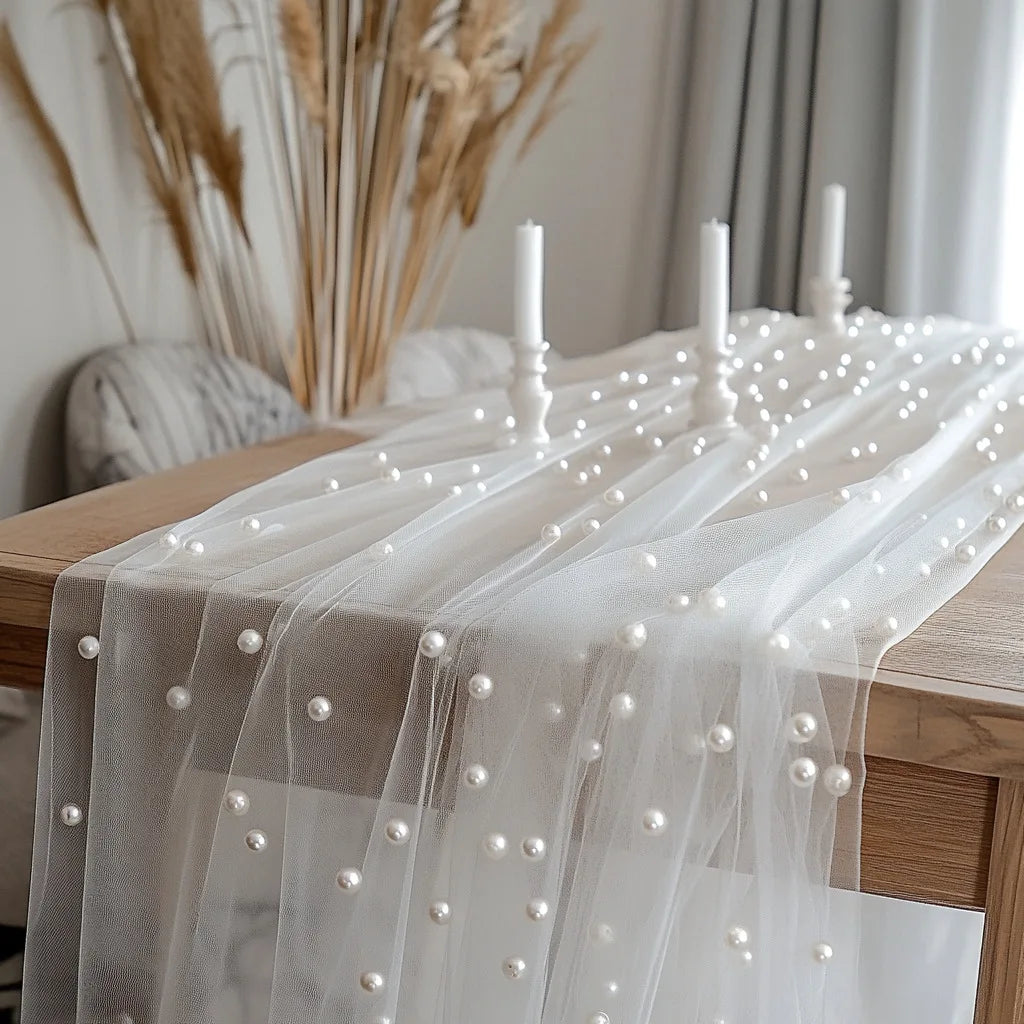 Pearl Chiffon Table Runner 160x100cm Semi Transparent Gauze Mesh Table Cloth for Wedding Bridal Shower Party Dining Decoration Oasis Select