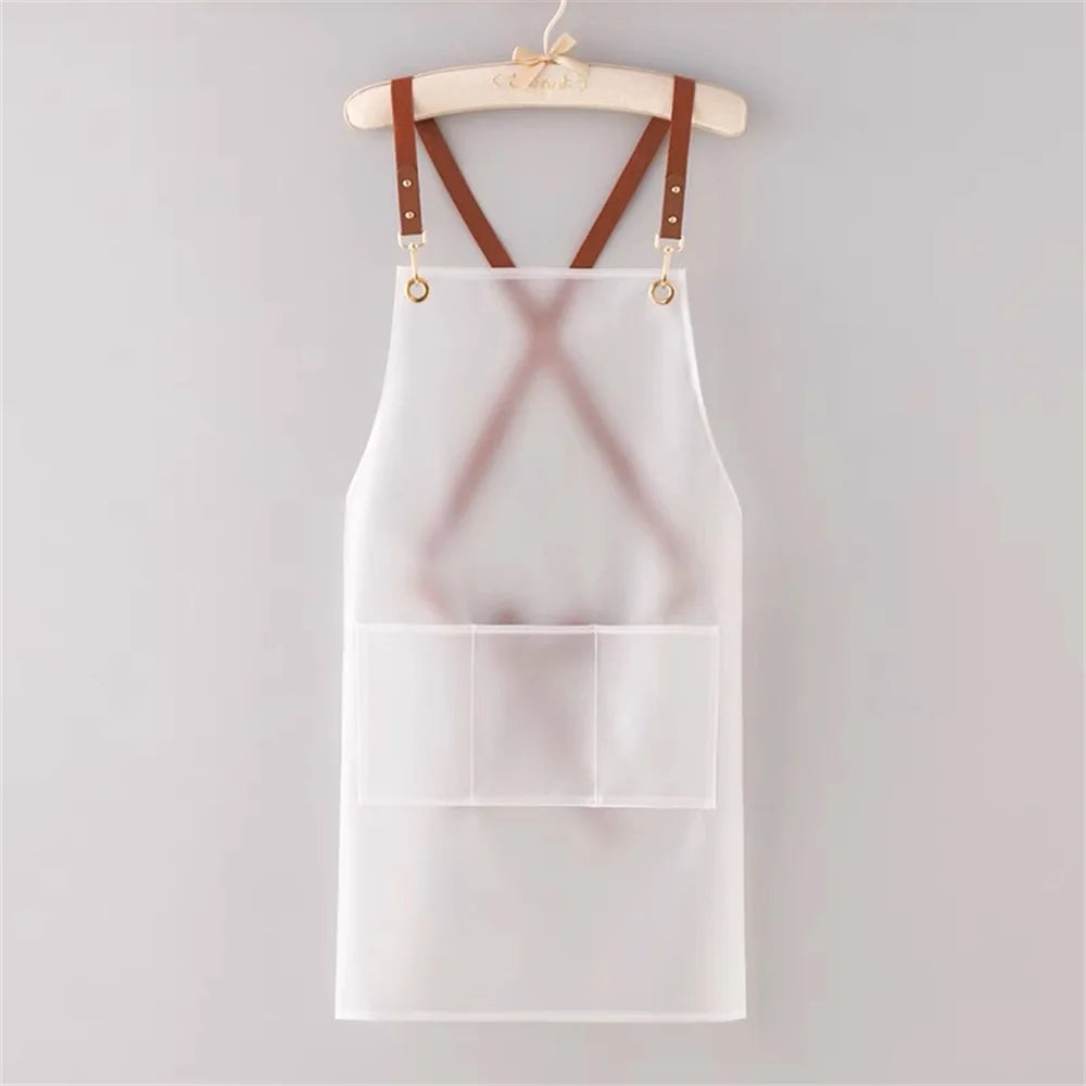 New Apron Waterproof And Oil-proof Strap Fashionable Korean-style Overalls Household Kitchen Cooking Women's TPU Work Clothes Oasis Select White 2