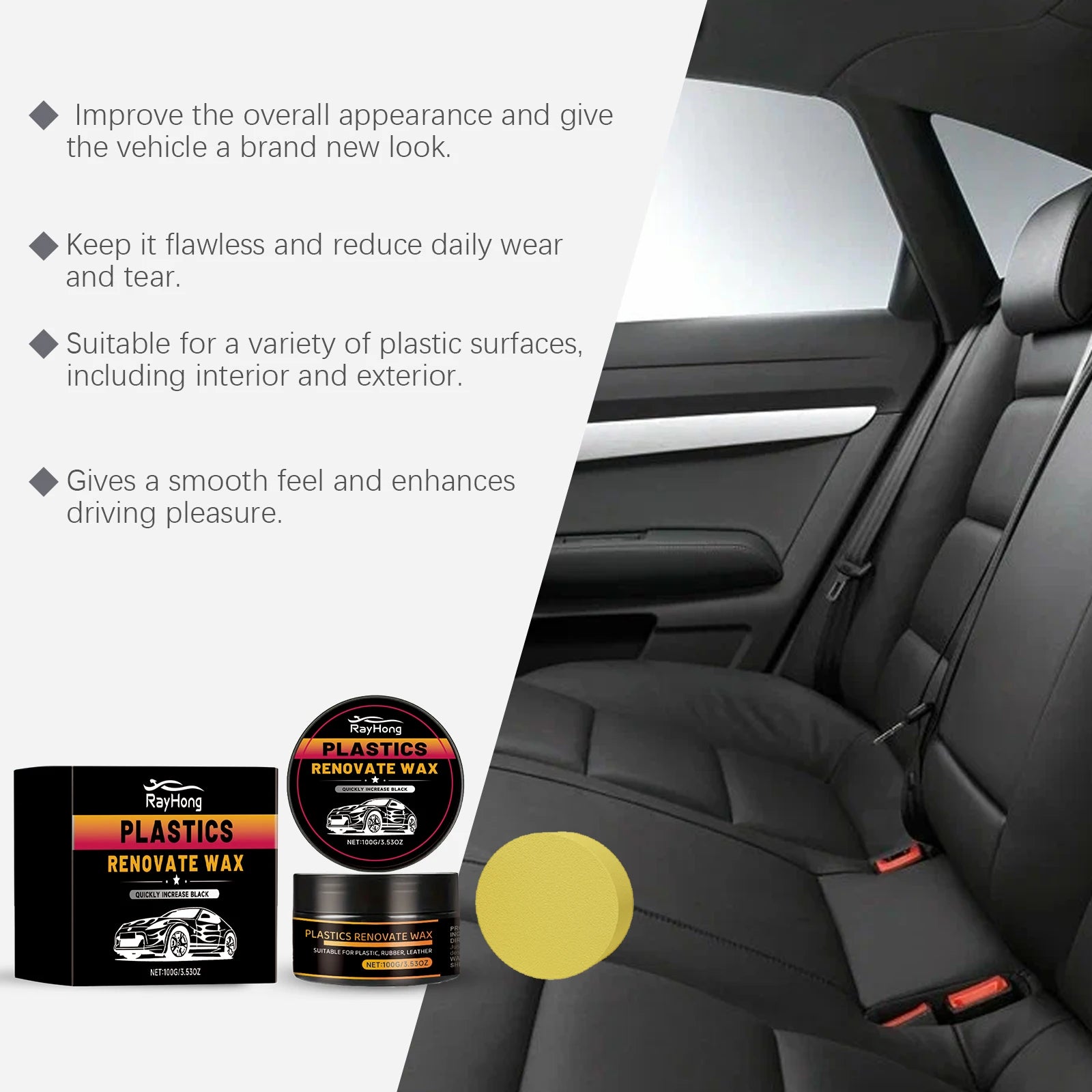 Car Plastic Renovate Wax with Sponge Car Plastic & Rubber Restorer Black Trim Revitalizer for Interior/Exterior, UV Protection Oasis Select