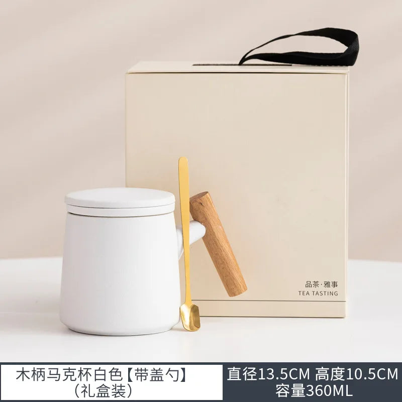Office Wooden Handle Mug Japanese-style Ceramic Office Tea Cup Frosted Water Cup Three-piece Set with Lid Filter Mug Coffee Mug Oasis Select White gift box 301-400ml