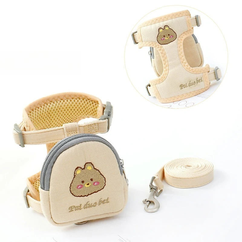 Cute Pet Backpack Leash Set with Cartoon Design for Dogs and Cats Stylish Walking Accessory Convenient Anti Detachment Oasis Select Beige M