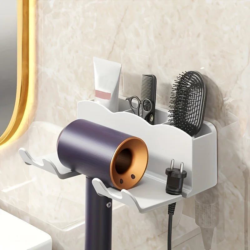 1pc Hair dryer storage rack, non perforated bathroom wall mounted bracket, bathroom air duct storage Oasis Select White