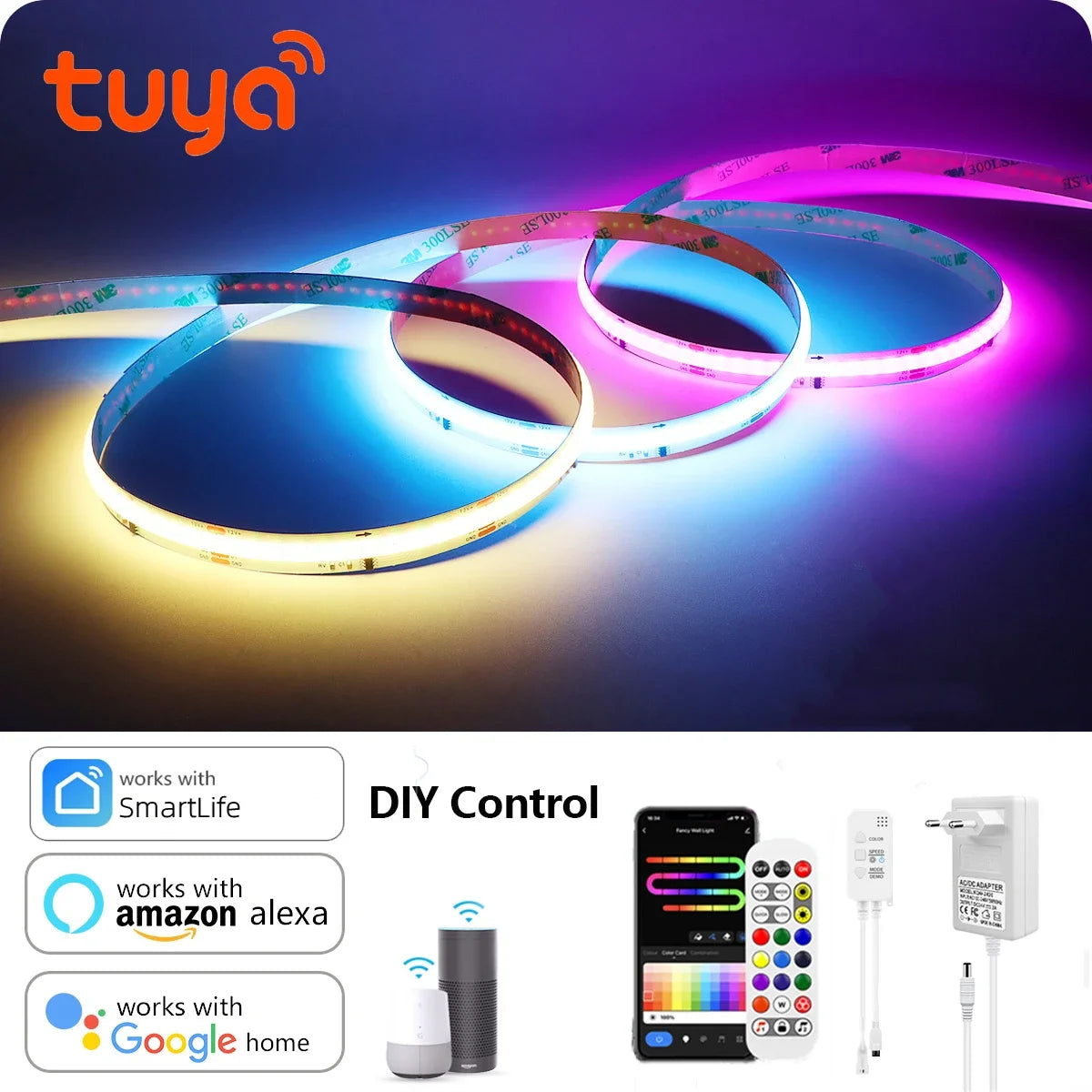 RGBIC COB LED Light Strip DC12V Flexible Tuya WIFI APP Control For Alexa Google,Addressable WS2811 for Game Room Decor Lighting Oasis Select